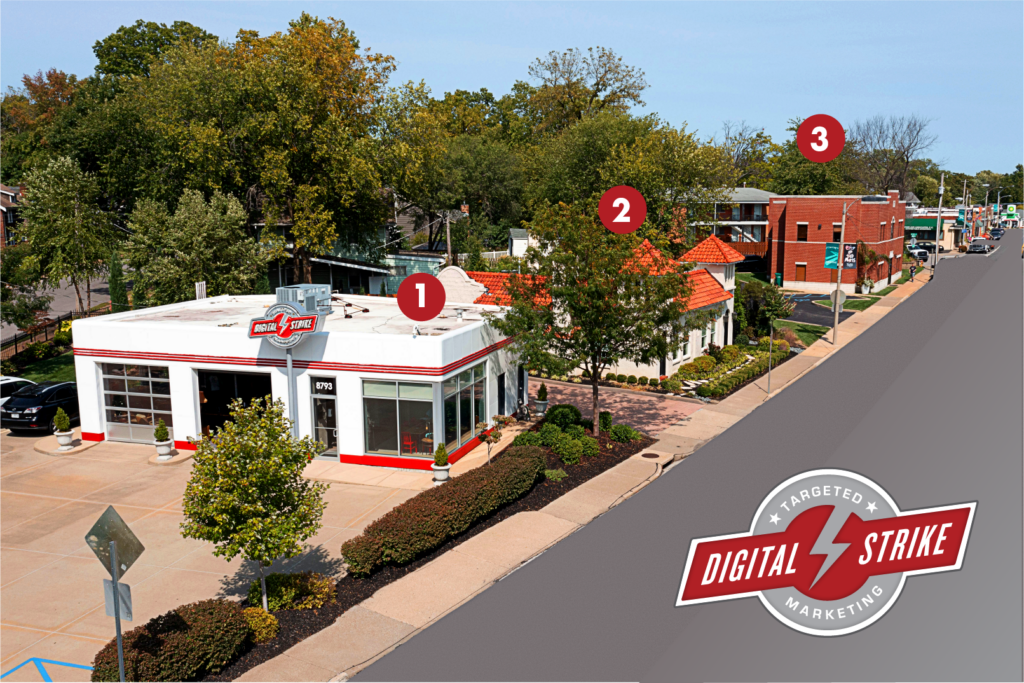 Aerial photograph of the three main buildings of Digital Strike - Targeted Marketing, located in downtown Webster Groves, Missouri, which is part of the Greater St. Louis Metropolitan Area.