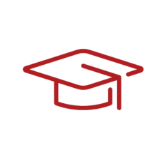 Red clipart of a graduation cap that represents the concept of universities and academia.