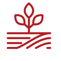 Red icon of a plant sprouting out of tilled soil, representing the concept of agriculture.