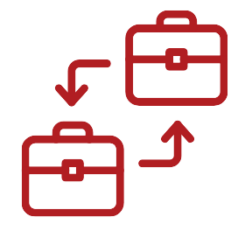 Red clipart of two briefcases pointing back and forth to each other with arrows. Represents the concept of B2B, or business to business.