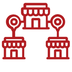 Red clipart of one building linking out to two smaller identical buildings, representing the concept of franchise groups.