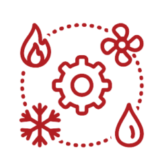 Red clipart of a mechanical cog inside a dotted circle, surrounded by a fan, water droplet, snowflake, and flame. Represents the concept of HVAC.