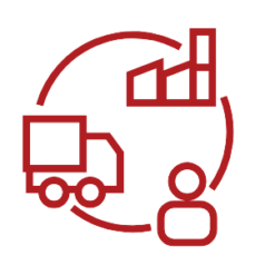 Red clipart of a cyclical process of industrial distribution, with processes flowing from plant to truck to person.