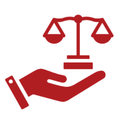 Red clipart of a hand holding up weights, representing the concept of legal services.