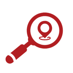 Red clipart of a magnifying glass hovering over a Google location pin. Representing the concept of local SEO.