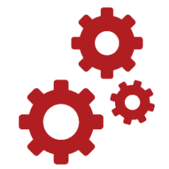 Red clipart of three mechanical cogs. Representing the concept of manufacturing.