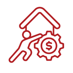 Red clipart of a person pushing a mechanical cog that has a US dollar sign inside of it in the foreground. Background shows a house. Represents the concept of mortgage lending.
