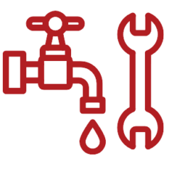 Red clipart of a leaking pipe and wrench, representing the concept of plumbing.