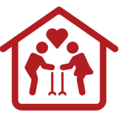 Red clipart of an elderly couple using canes inside a building; a heart is over their heads. Represents the concept of senior living.