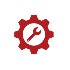 Red icon of a wrench inside a cog. Represents the concept of technical SEO.